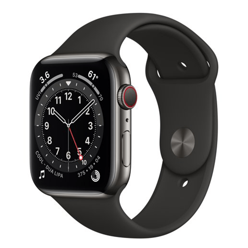 Apple Watch Series 6 44mm GPS + Cellular Unlocked - Graphite Stainless Steel Case - Black Sport Band (2020) - TekReplay